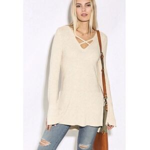Free People Criss Cross Tunic Sweater Cream Small Split Bell‎ Sleeve